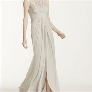 David’s Bridal full length gown Sz 12 sleeveless dress lace top , soft tan